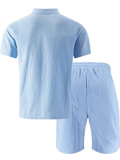 Men's Casual Linen Polo Shirt & Loose Shorts Set for Summer