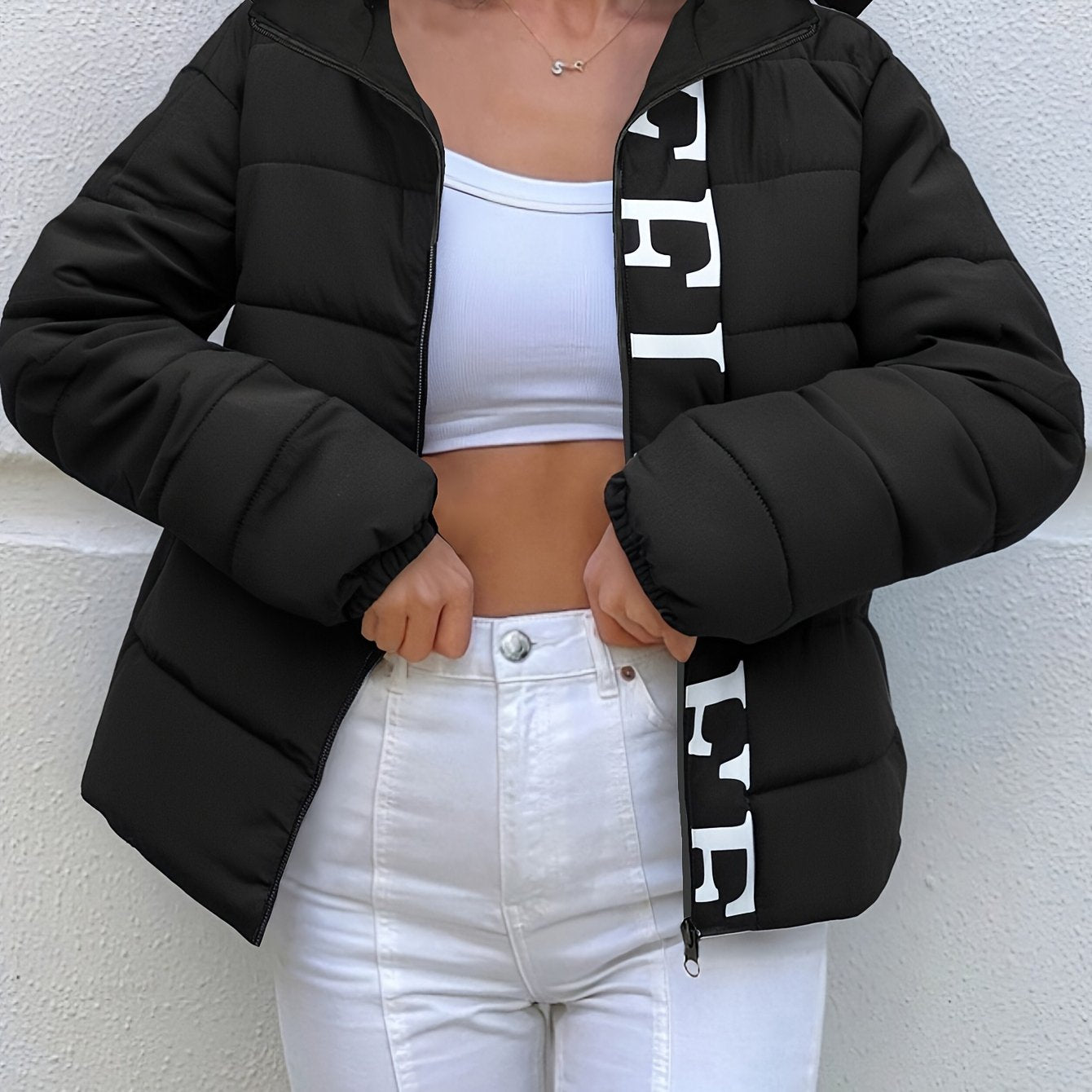Women's Casual Hooded Jacket with Bold Letter Print, Relaxed Fit Winter Windproof Coat, 100% Polyester Zipper Pockets Mid-Length Outdoor Jacket, Machine Washable Cold Weather Clothing - Perfect Gift for Her