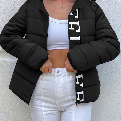 Women's Casual Hooded Jacket with Bold Letter Print, Relaxed Fit Winter Windproof Coat, 100% Polyester Zipper Pockets Mid-Length Outdoor Jacket, Machine Washable Cold Weather Clothing - Perfect Gift for Her