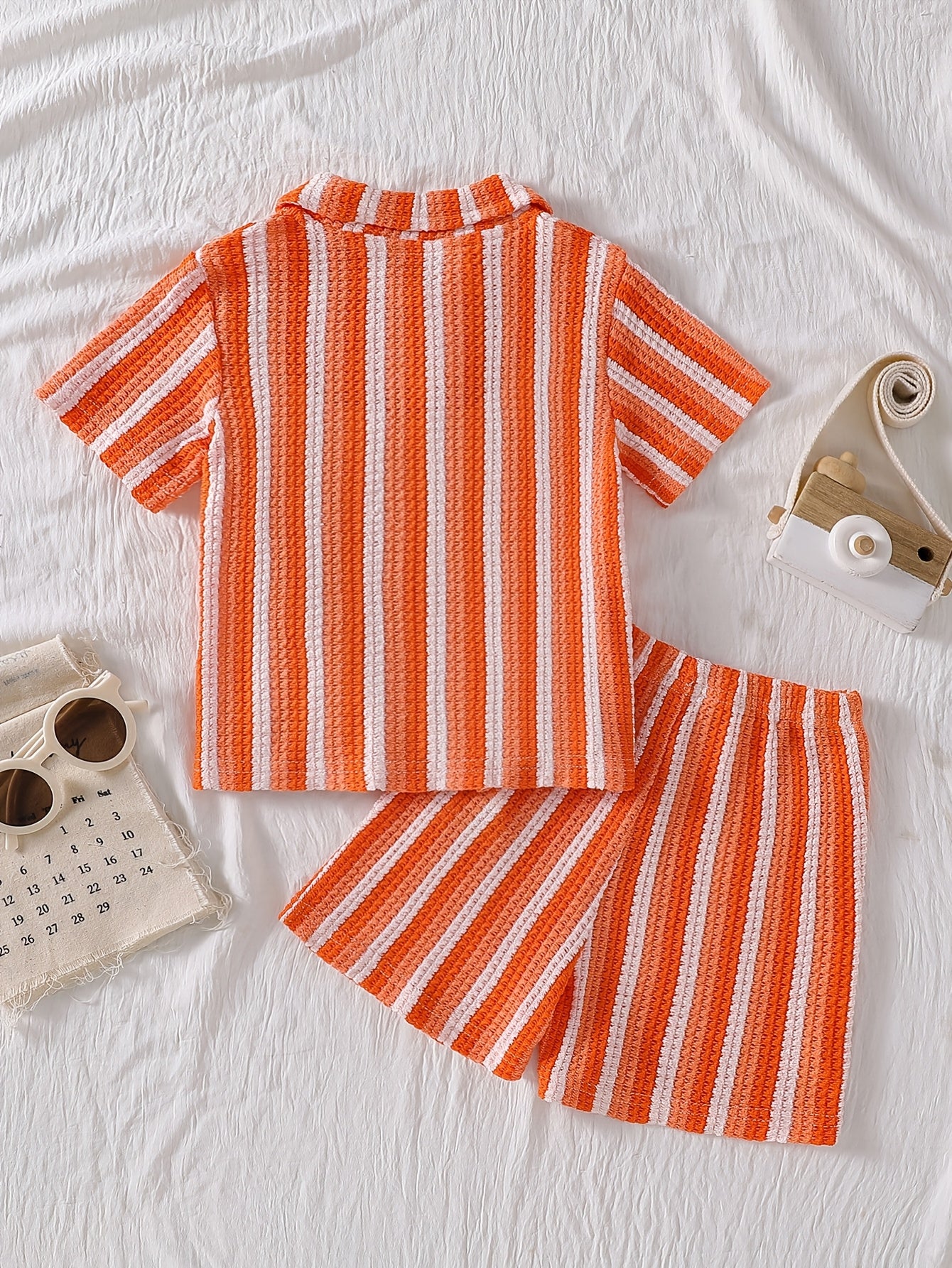 Boys' Summer Striped Waffle Knit Shirt & Shorts Set