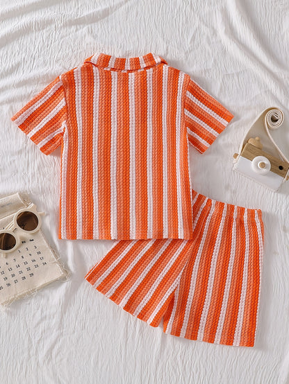 Boys' Summer Striped Waffle Knit Shirt & Shorts Set