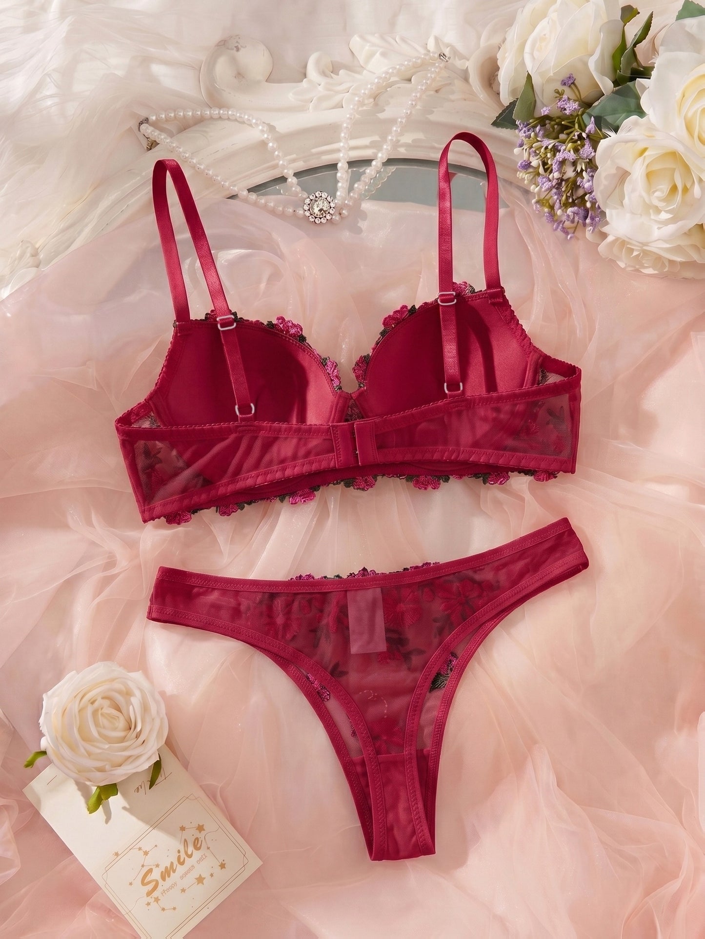Women's Floral Embroidered Lingerie Set - Elegant Bra & Panties