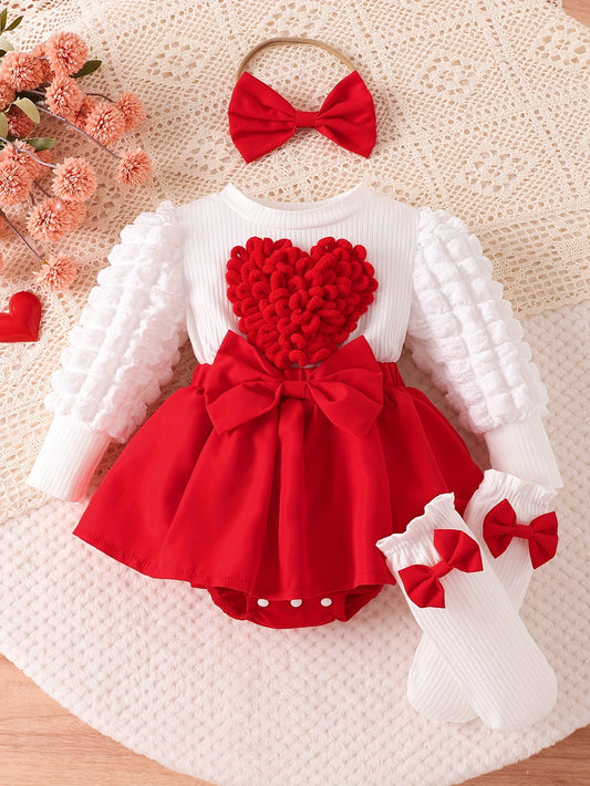 Girls' Sweet Princess Style 3pcs Set with Heart & Bow Detail - Soft Pink & Red Ruffled Sleeves, Bodysuit with Red Bow Skirt & Matching Headband, for Outdoor, Princess Dress For Girls, Princess Dress For Girl
