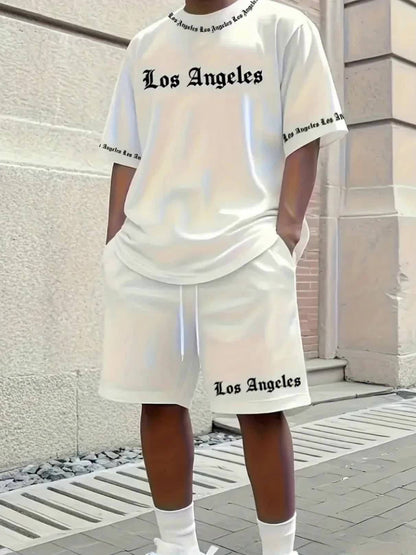 Los Angeles English Pattern Men's Short Sleeve Shirt + Casual Sport Set, Breathable Soft Summer Outfit with Pocketed Shirt and Drawstring Shorts