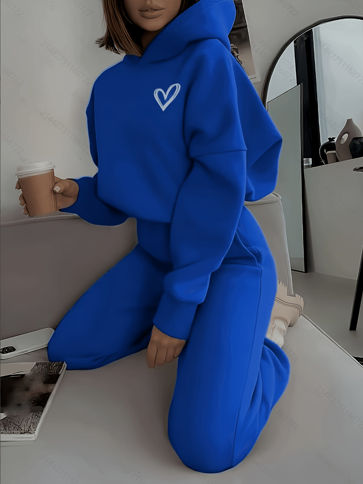 Women's Casual Hooded Sweatshirt & Pants Set with Heart Print - ayq