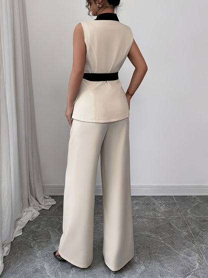 Elegant Sleeveless Blazer & Wide-Leg Pants Set for Women - Chic Black & White Two-Tone with Bow Tie Waist, Perfect for Office or Casual Outfits, Office Attire|Sleek Formal Attire|Polyester Fabric