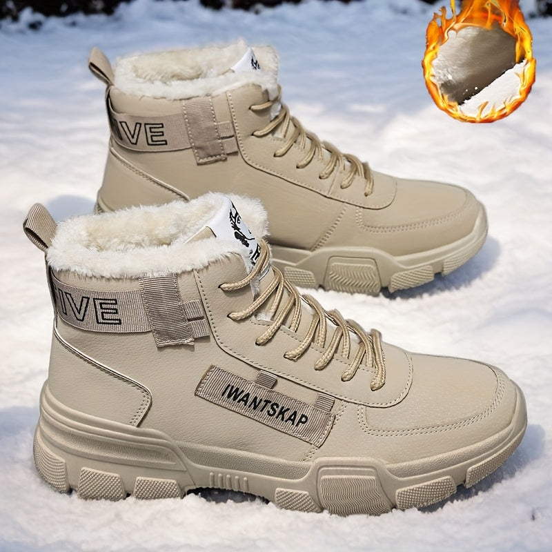 Men'S Winter Boots - Thermal Insulated Anti-Slip Snow Shoes with Cushioned Insole, Beige/Tan Cold Weather Boots for Ice, Snow, and Everyday - Lace-Up Ankle Support, Durable PVC Outsole - Ideal for Hiking, Urban Commute, and O