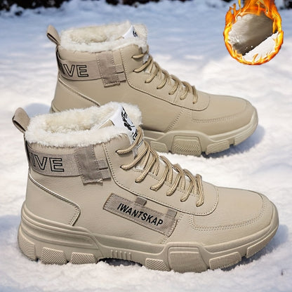 Men'S Winter Boots - Thermal Insulated Anti-Slip Snow Shoes with Cushioned Insole, Beige/Tan Cold Weather Boots for Ice, Snow, and Everyday - Lace-Up Ankle Support, Durable PVC Outsole - Ideal for Hiking, Urban Commute, and O
