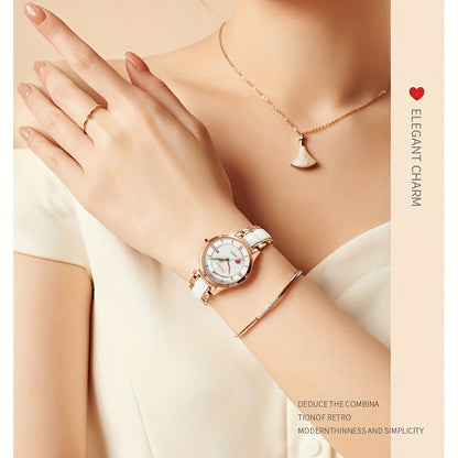 Elegant Women's Quartz Watch with Cupid Arrow & Ceramic Strap