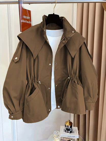 Women'S Casual Solid Color Polyester Overcoat with Drawstring Waist, Lapel Collar, and Chest Pockets - Spring and Fall Fashion, Comfortable, Non-Stretch Fabric, Casual Outerwear | Classic Long Sleeve | Nonstretch Materia