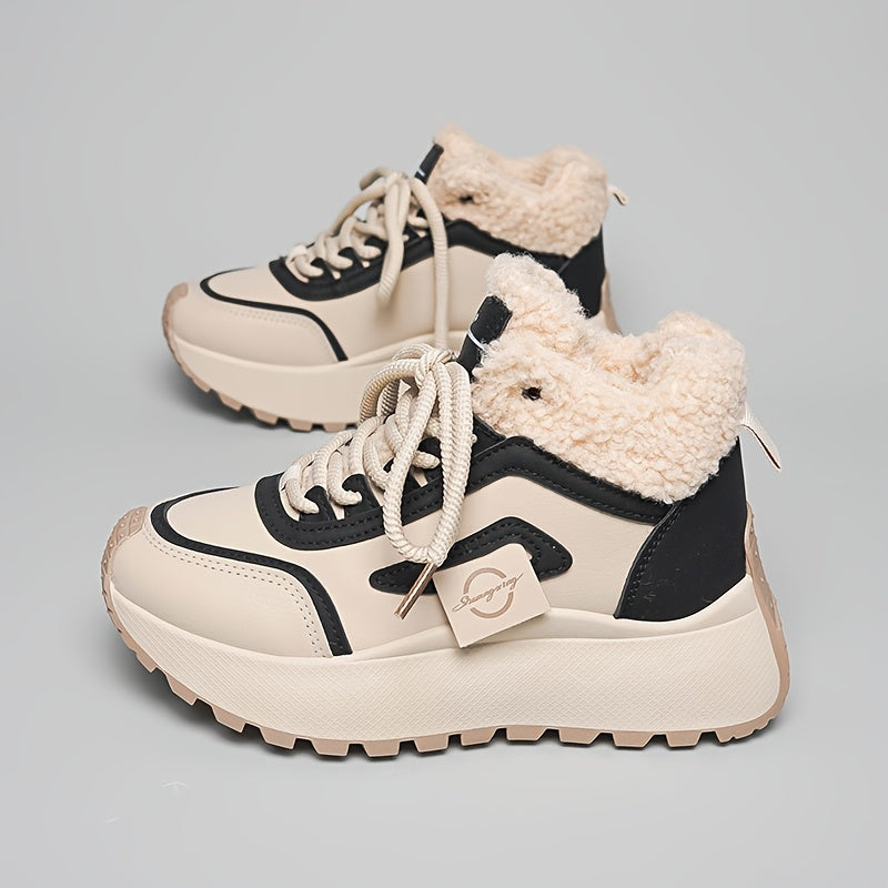 Women'S Winter Snow Boots with Thick Cushioned PVC Sole for Height Increase - Slip-Resistant Traction, Synthetic Faux Leather Upper & Plush Lining, Beige/Black Colorway - All-Terrain Traction for Ice, Snow, and Casual Wear -