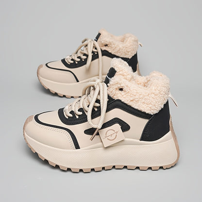 Women'S Winter Snow Boots with Thick Cushioned PVC Sole for Height Increase - Slip-Resistant Traction, Synthetic Faux Leather Upper & Plush Lining, Beige/Black Colorway - All-Terrain Traction for Ice, Snow, and Casual Wear -