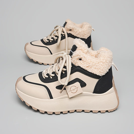 Women'S Winter Snow Boots with Thick Cushioned PVC Sole for Height Increase - Slip-Resistant Traction, Synthetic Faux Leather Upper & Plush Lining, Beige/Black Colorway - All-Terrain Traction for Ice, Snow, and Casual Wear -