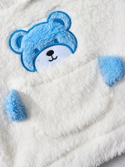 Boys' Autumn and Winter Fashionable Casual Simple Cute Warm Solid Color Plush Bear Embroidered Hoodie Long Pants Two-Piece Set, Perfect for Outdoor