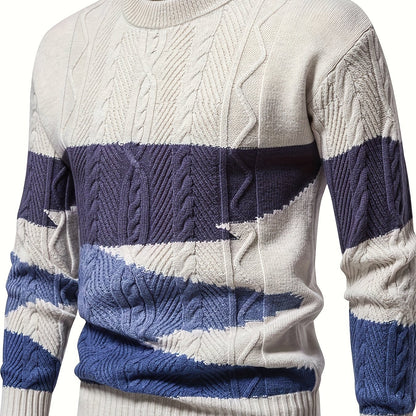Men's Stylish Solid Knitted Pullover, Casual Mid Stretch Breathable Long Sleeve Crew Neck Top For City Walk Street Hanging Outdoor Activities