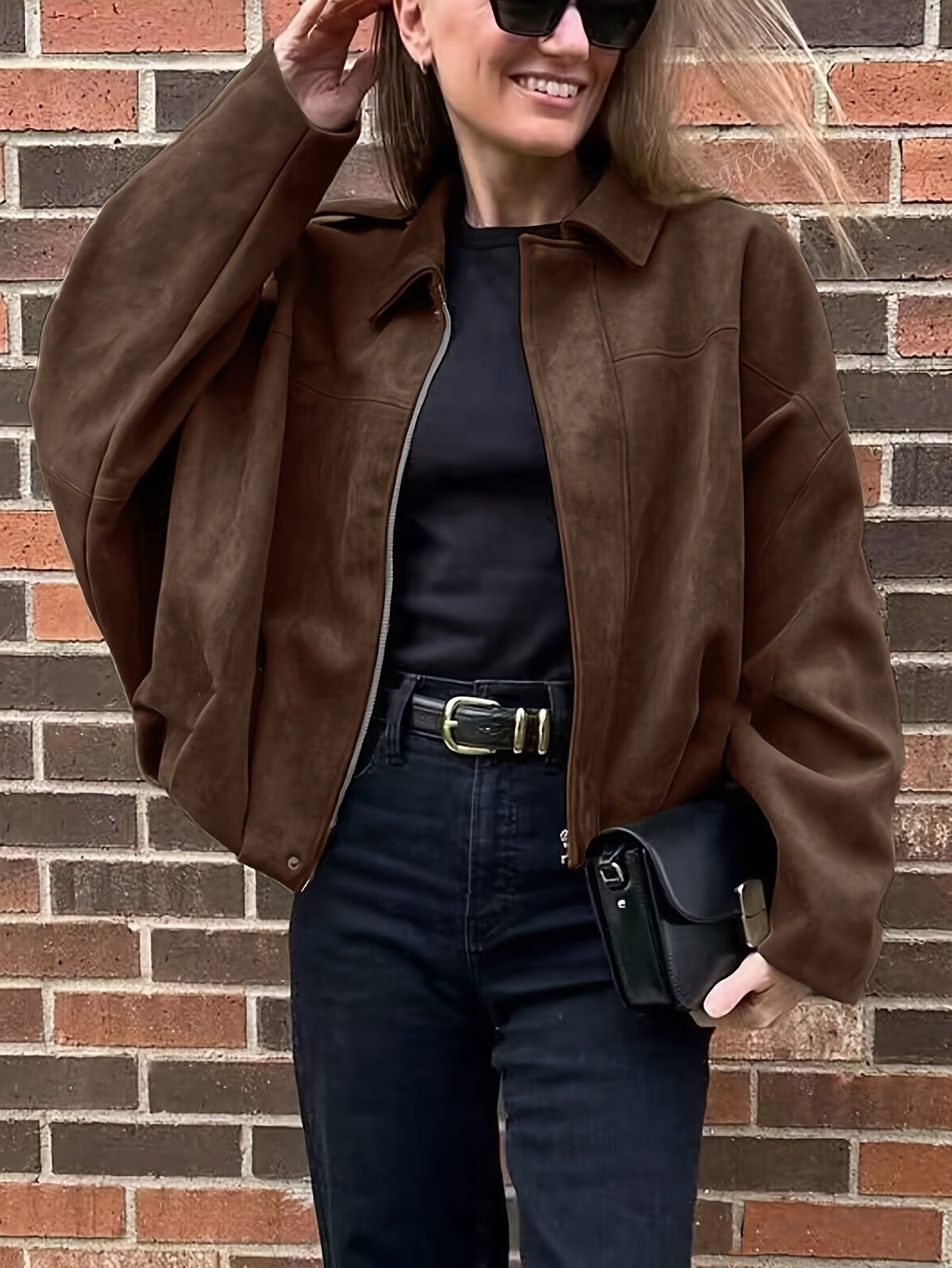 Women'S Vintage Bomber Jacket - Loose Fit Long Sleeve Zip-Up with Drop Shoulder Design, Brown Casual Outerwear for Fall/Winter, Non-Stretch Fabric, Perfect for Casual Attire, Autumn Winter Jacket | Vintage Bomber Style | Zipp