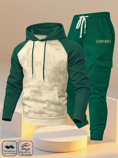 New Trendy Fashion Raglan Sleeve Colorblock Hoodie and Loose Cuffed Drawstring Cargo Pants with Multiple Pockets, Casual Daily Comfortable Versatile Breathable Hooded Sweatshirt and Loose Long Pants 2pcs Set with Stylish Prin