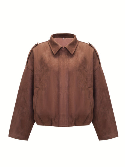 Women's Retro Motorcycle Jacket - Collar Winter Coat with White Piping, Brown Biker Outerwear, Machine Washable Non-Stretch Windbreaker for Fall/Winter, Casual & Motorcycle Riding (Solid Color)