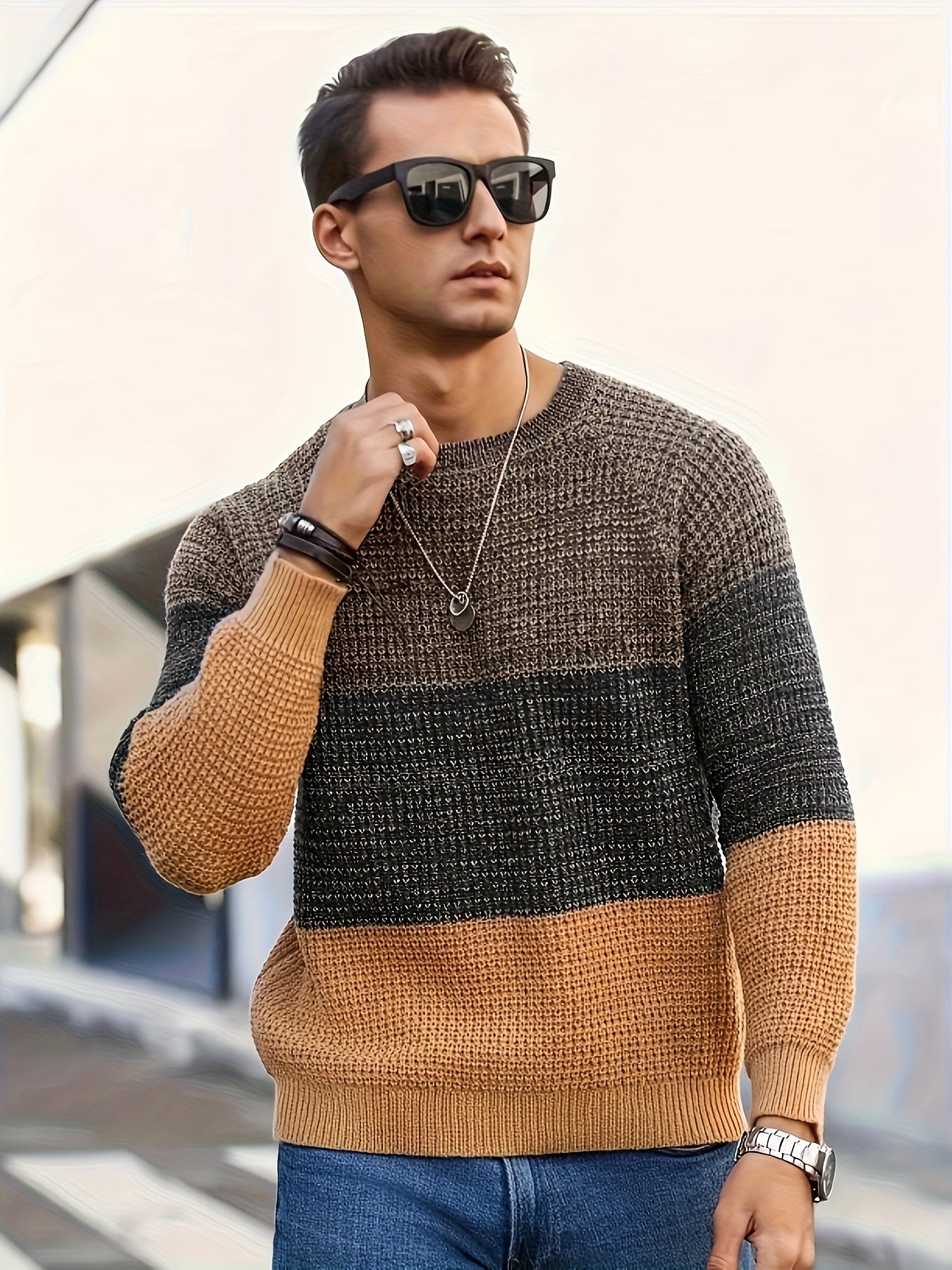 Men's Autumn and Winter Color Block Knit Sweater, Crew Neck Pullover