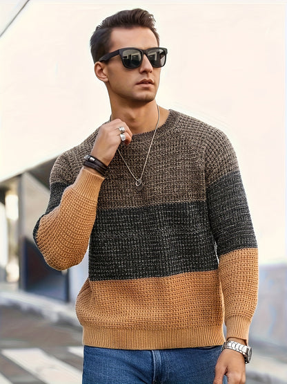 Men's Autumn and Winter Color Block Knit Sweater, Crew Neck Pullover