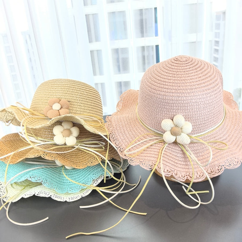 Kids' Paper Straw Hat with Lace Trim & Flower, Adjustable Strap