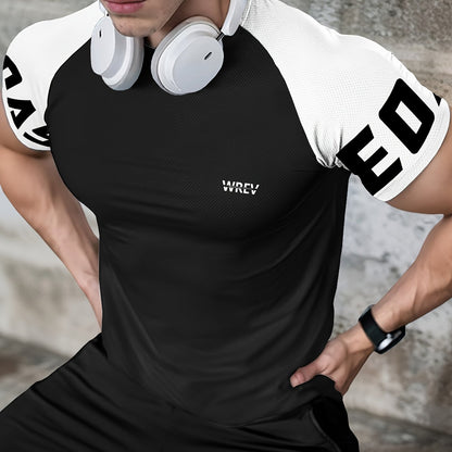 Men's Quick-Dry Breathable Mesh Sports T-Shirt - Summer Gym Workout Top with Contrast Black  White Sleeves  for Man Letter Print, Slim Fit for Running Training Casual Wear, Breathable Running Gear   Sporty Casual Tee   Mesh