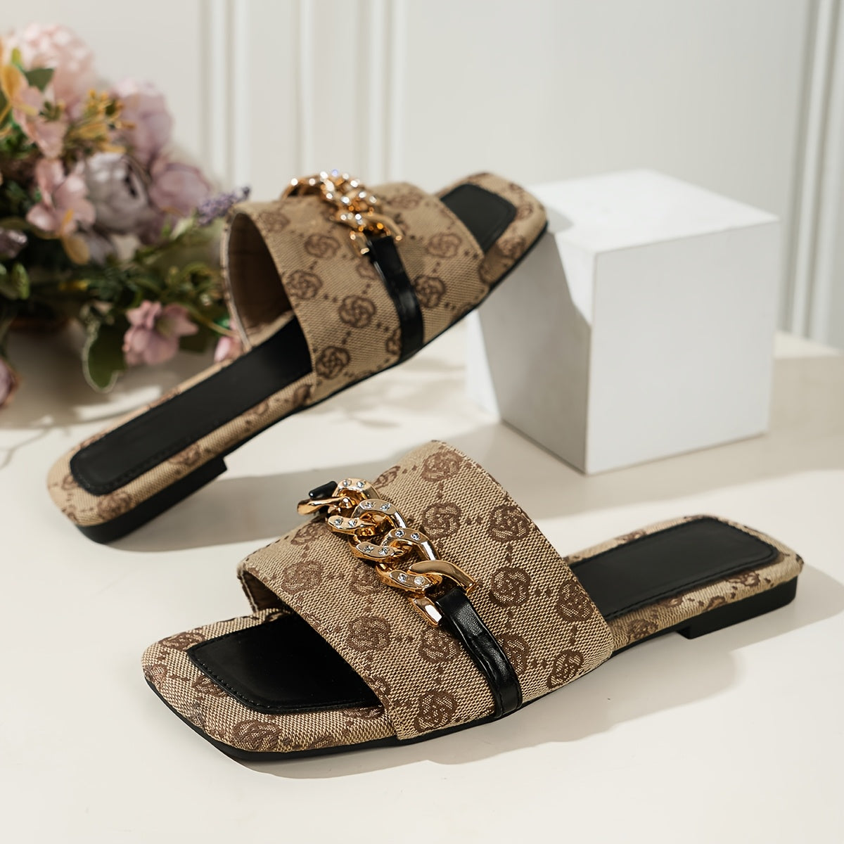 Women’s Crystal Chain Square-Toe Flat Summer Slides