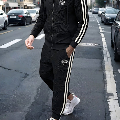 Men's Spring & Fall Jacquard Embroidered Striped Tracksuit Set - 2pcs Zip-Up Hoodie & Pants for Daily Wear, Sports & Outdoor Trips