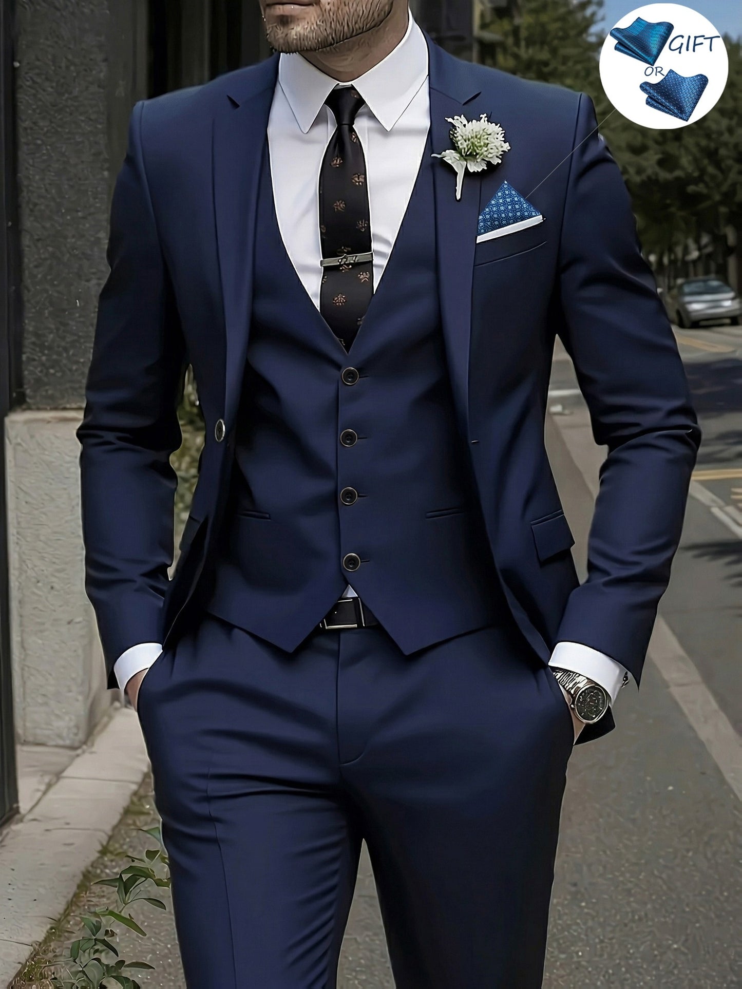 Men's 3-Piece Polyester Suit Set with Jacket, Vest & Trousers