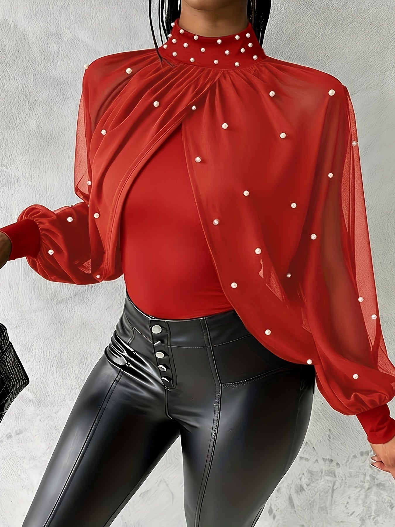 Women'S Elegant Off-Shoulder/One-Shoulder Tunic Top - Red/ - Long Sleeve Blouse with Pearl-like Beads - Formal & Everyday Chic Outfits - Spring/Fall, Fashion Lovers, Stylish Blouse, Quality Stitching, Sophisticated Design, Se