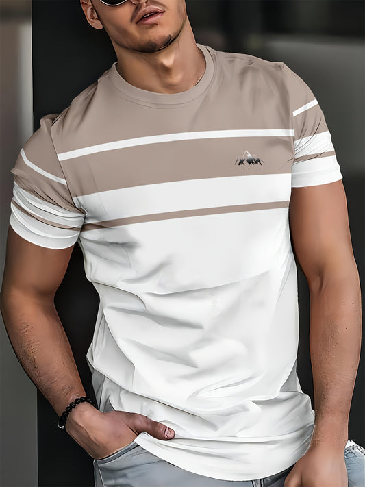Men's Minimalist Modern T-Shirt - Lightweight Breathable Fabric Crew Neck Tee in White  Beige - Everyday Casual  Formal Summer Shirt - Machine Washable Everyday Essential, Horizontal Stripe Design, Smooth Texture Fabric