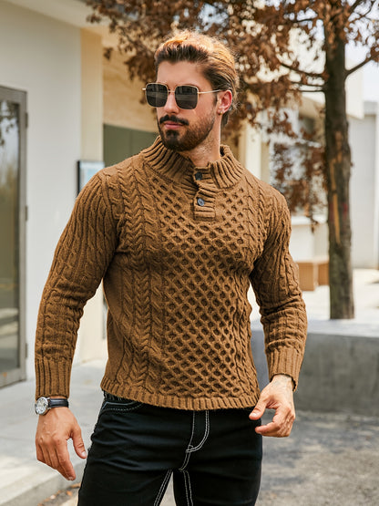 Men's Thermal Stand Collar Cable Knit Sweater - Striped H-Shape Regular Fit Pullover, Machine Washable Winter Sweater with Ribbed Detailing for Autumn & Winter, Knit Sweater, Medium Elasticity Fabric