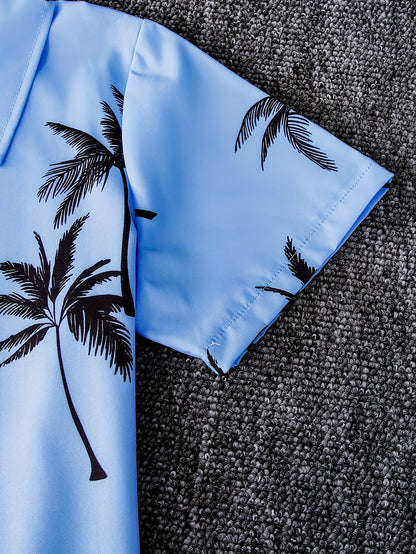 2pcs Boys Casual Coconut Tree Graphic Print Short Sleeve Lapel Shirt & Shorts Set, Comfy Summer Boys Clothing For Daily & Outdoor Wear