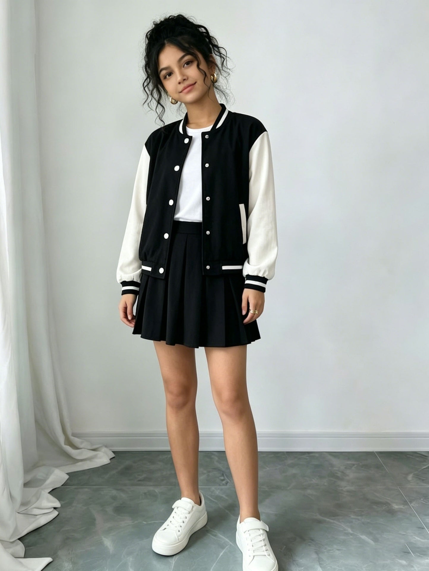 Girls Preppy 2-Piece Baseball Jacket & Pleated Skirt Set