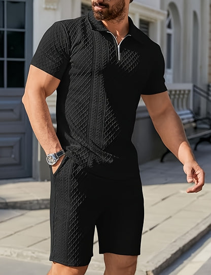 Men'S "Claude" Summer Polo Shirt Set - Short Sleeve, Shorts, and Zipper Detailing, Polyester, Casual Style, Casual Attire|Short Sleeve Shirt|Polyester Fabri