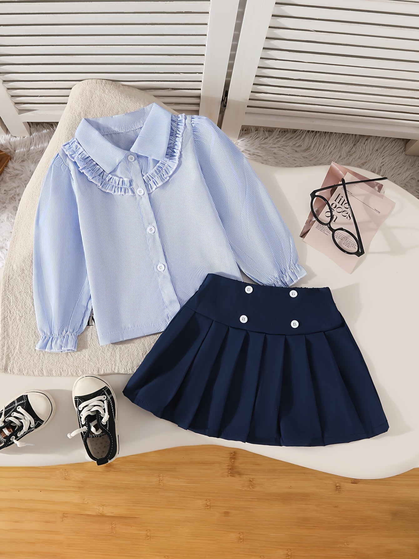 Girls' Striped Lace-Trim Polo & Pleated Skirt Set for Spring