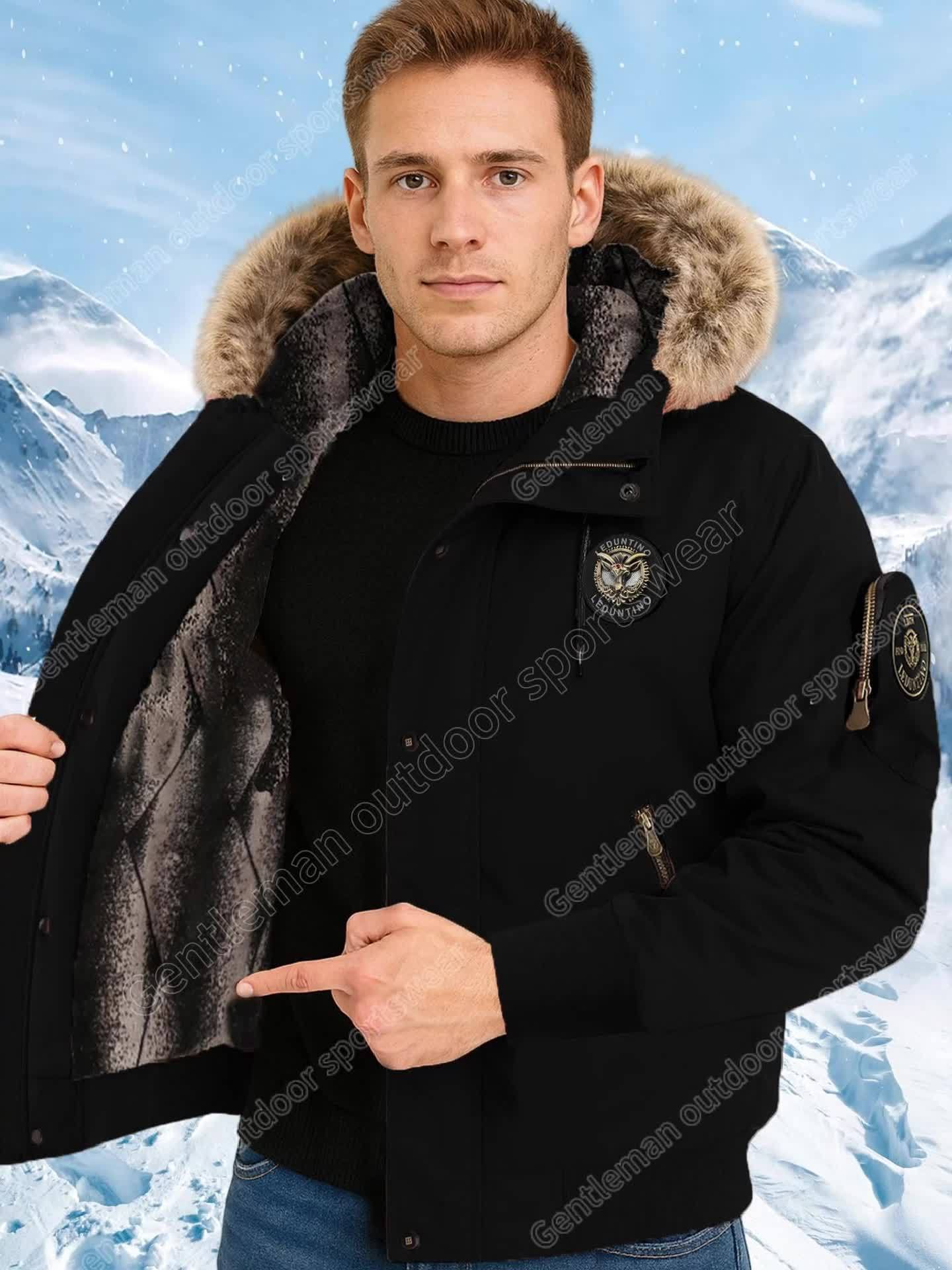 Men's Winter Coat - New Warm Hooded Jacket with Golden Print Accents, Loose Fit Casual Outerwear for Cold Weather, Machine Washable, Thick Comfort Plush Lining