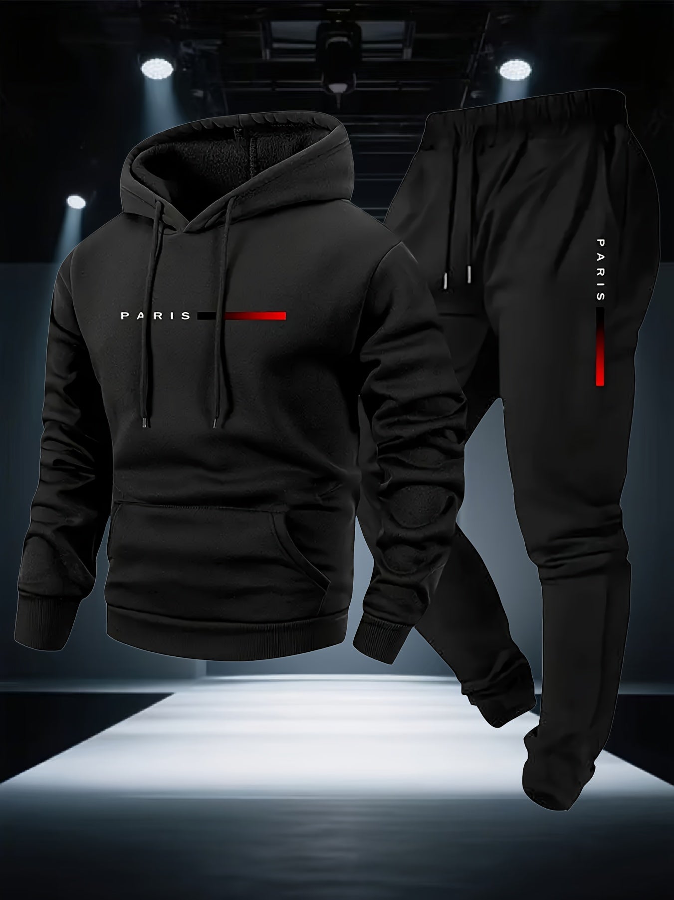 Halloween Men'S Hoodie with PARIS Lettering And Drawstring Sweatpants Set, a Must-Have Outfit for Autumn And Winter, Perfect for Everyday Outdoor Wear