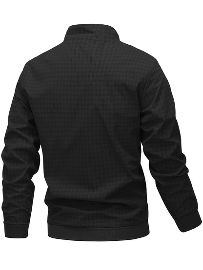 Men's Casual Outdoor Jacket - Spring/Fall Softshell Jacket with Checkered Pattern, Long Sleeves, and Zipper Closure