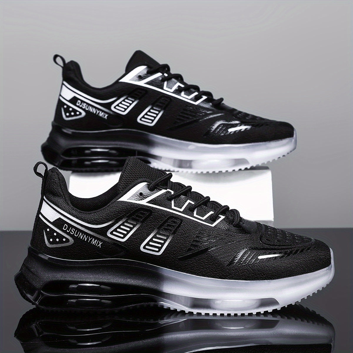 DJSUNNYMIX Men'S Breathable Mesh Low-Top Sneakers - Comfortable Cushioned Running Shoes with Air Cushion Technology, Black & White Design, Lace-Up Casual Shoes for Gym, Training, and Casual Attire, Gym Shoes, Sleek Sporty Loo - ayq