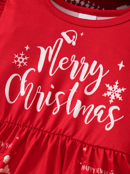 2pcs Girls' Long Sleeve Christmas Santa Claus Letter Print Irregular Skirt + Pants Set, Holiday Outfit, Seasonal Clothing, Festive Design, Elegant Style, Quality Stitching, Comfortable Fit, Twopiece Outfit, Matching Set, Holi