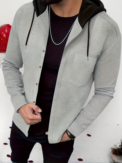 Men's Casual Hooded Jacket - Soft, Breathable Polyester with Button-Up Design & Pockets | Perfect for Spring, Fall & Outdoor Activities, Long Sleeve, Fashion, Daily, Leisure Style, Conventional Version