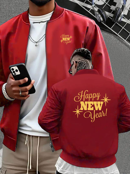 Men's Navy Blue Full-Zip Casual Jacket with Golden Happy New Year Print & Golden Glitter Lettering - Full-Zip Closure, Machine Washable, Regular Fit Winter Coat for Parties, Casual Attire & New Year's Eve Outfits - Stylish Ou