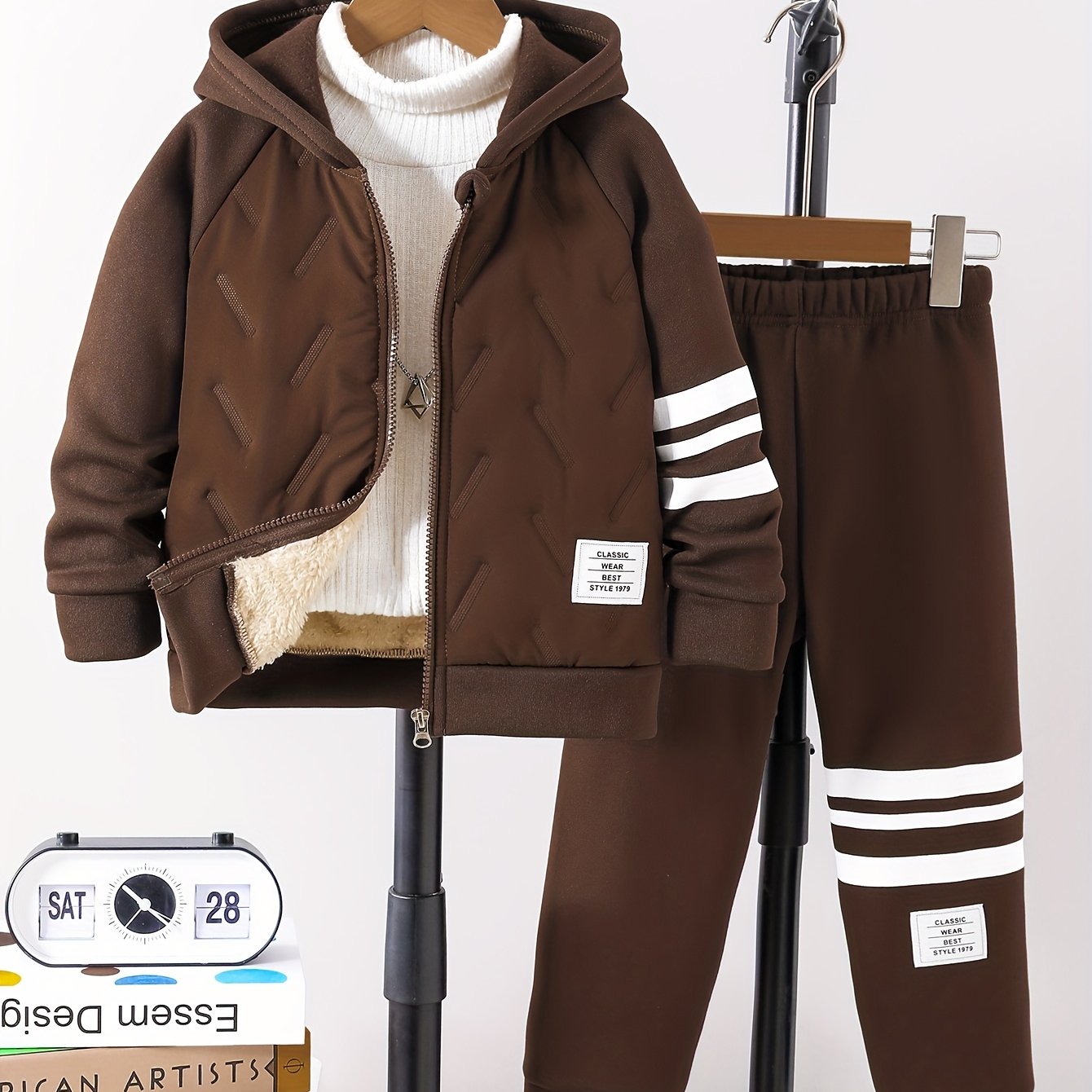 ' Autumn/Winter New Thickened Fleece-Lined Hooded Jacket with Striped Print on One Side, Warm and Stylish Zip-Up Sweatshirt Top + Solid Color Drawstring Straight Leg Pants, Fashionable Classic Versatile Casual Long Pants 2pcs