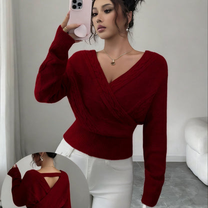 Elegant Ladies' V-neck Sweater | Solid Color, Ideal for Fall/Winter Season