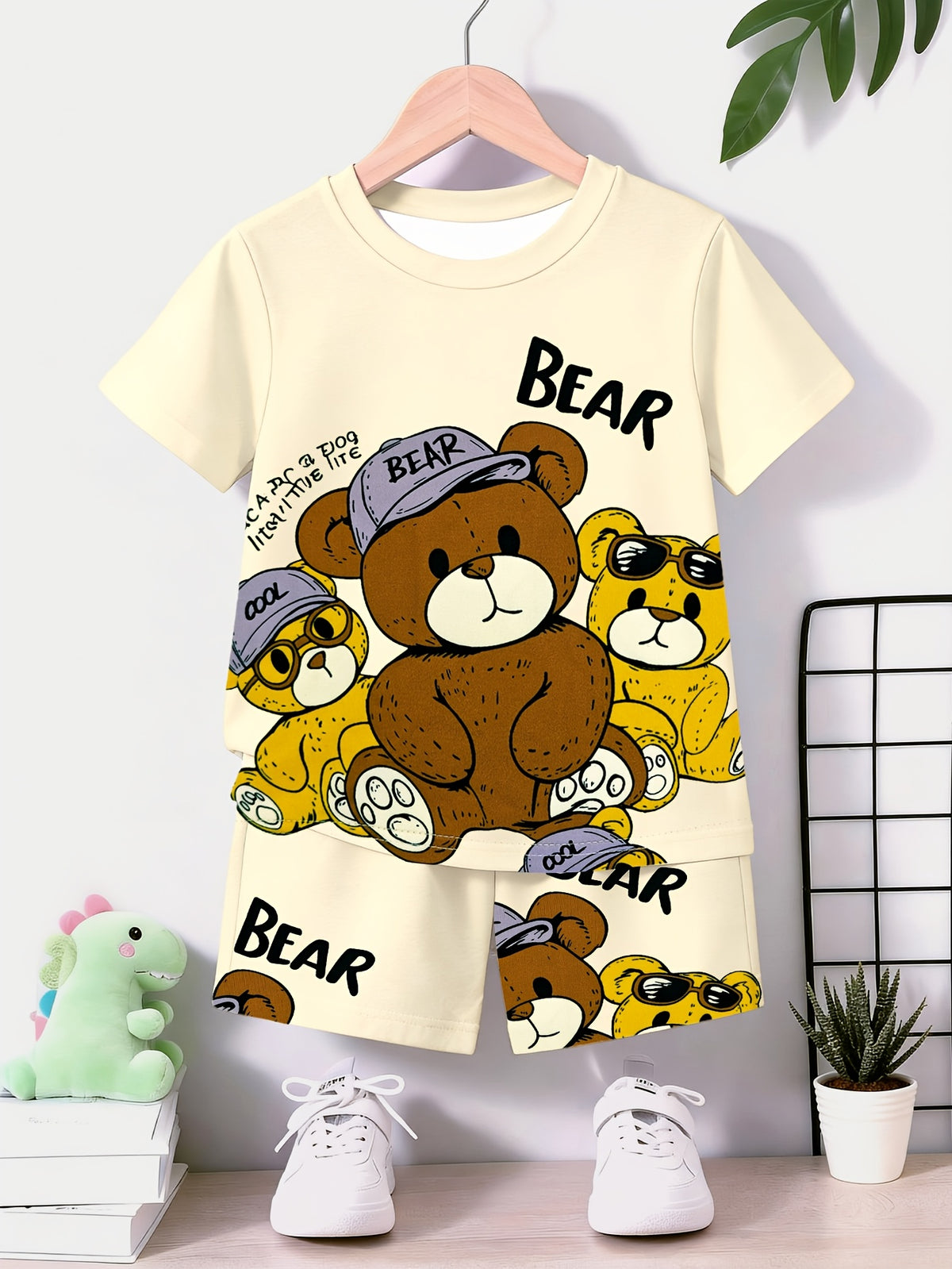 Boys' Cute Cartoon Teddy Bear Print Shorts and Pullover Set - ayq