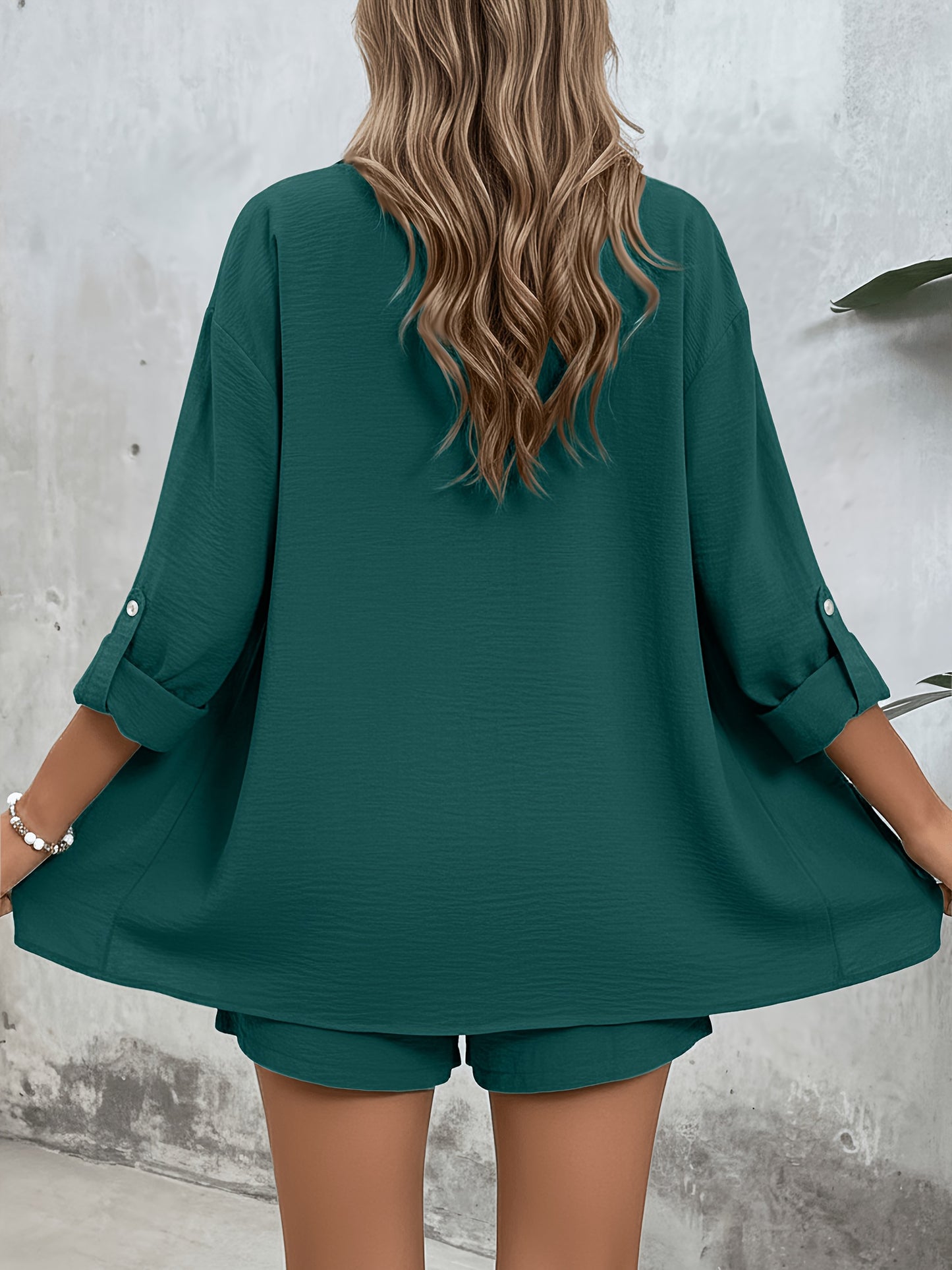 Women's Casual Long-Sleeve Shirt & High-Waist Shorts Set for Spring/Su
