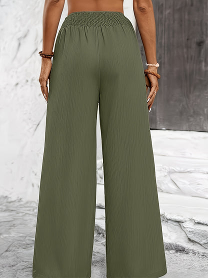 High-Waist Wide-Leg Polyester Trousers with Drawstring for Women