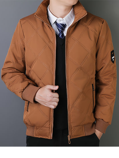 Men's Quilted Fleece Jacket with Stand Collar & Full-Zip Closure - Thick Winter Coat, Black/Brown & Warm Lining, Casual Outdoor Winter Wear for Skiing,, Cold Weather (Hand Wash/Dry Clean)