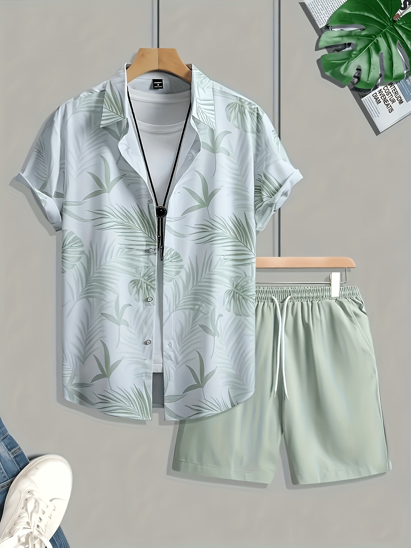 Men's Casual Summer 3D Print Lapel Shirt and Drawstring Shorts Set